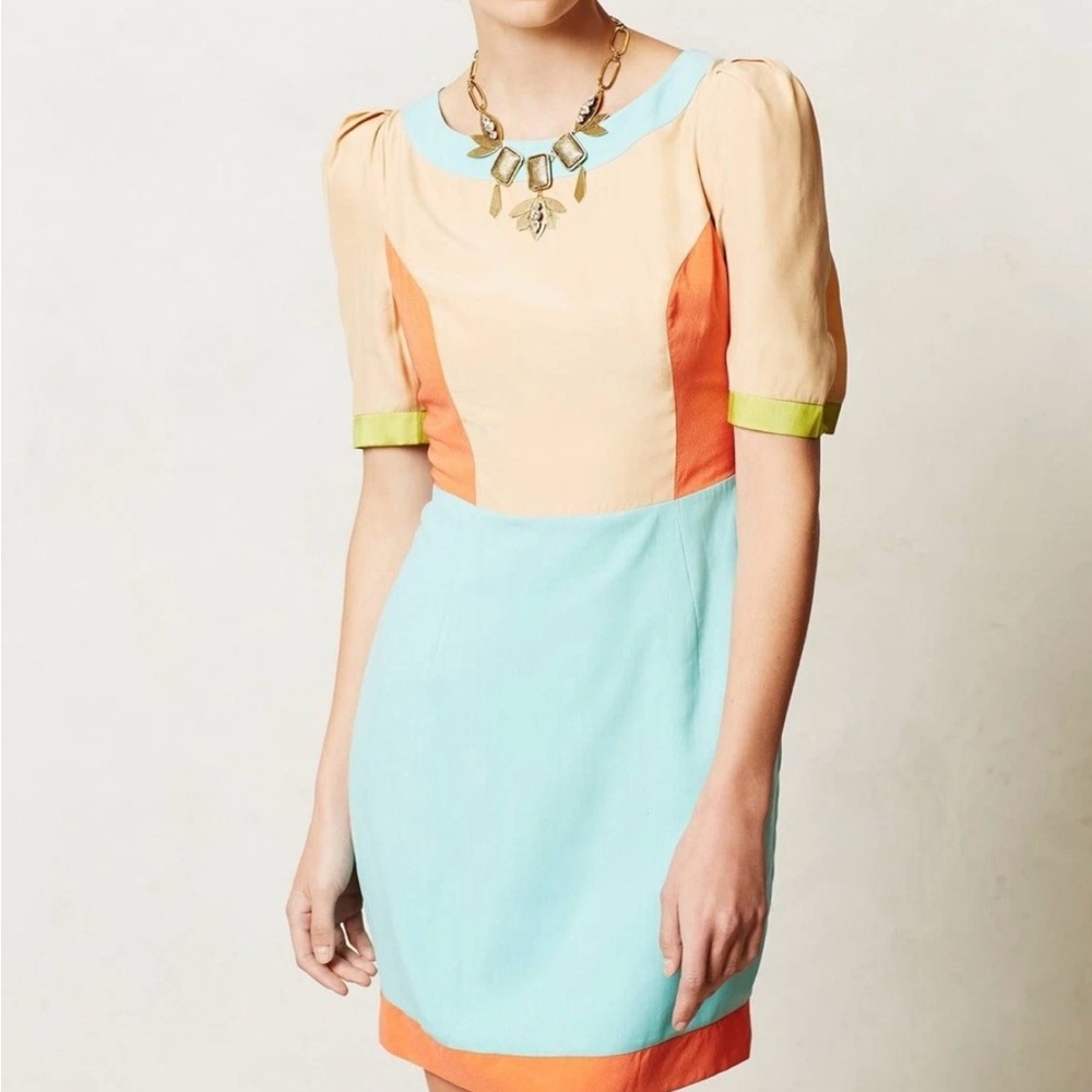 Anthropologie Harlyn 100% Silk Mini Dress Size 6 6P Cutout Color Block